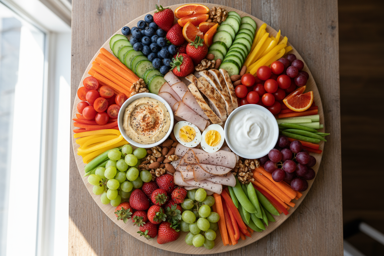 Healthy Charcuterie Board Protein, Fruit, Vegetables